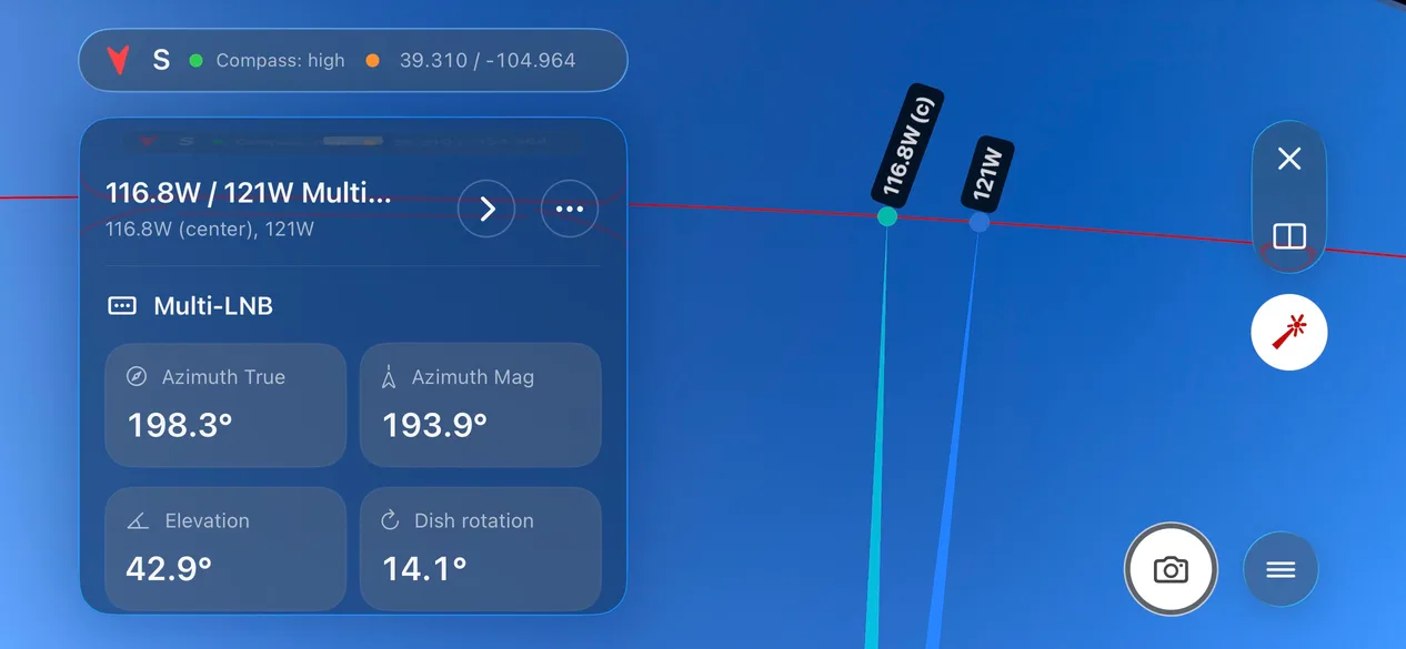 Screenshot di DishPointer Pro 2 con il puntamento Multi-LNB di 116.8W / 121W Multi-LNB