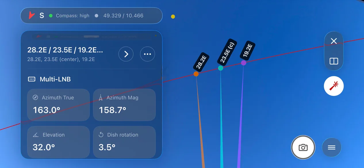 Screenshot van DishPointer Pro 2 met de Multi-LNB-uitlijning voor 19.2E / 16E / 13E Multi-LNB