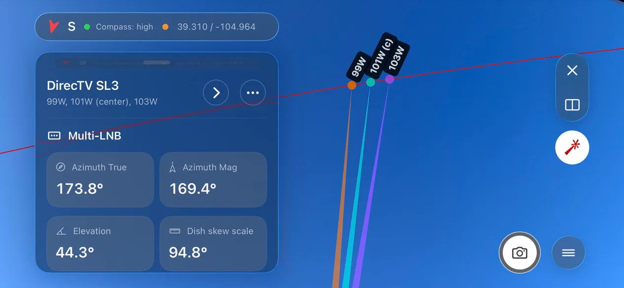Screenshot di DishPointer Pro 2 con il puntamento Multi-LNB di DirecTV SL3