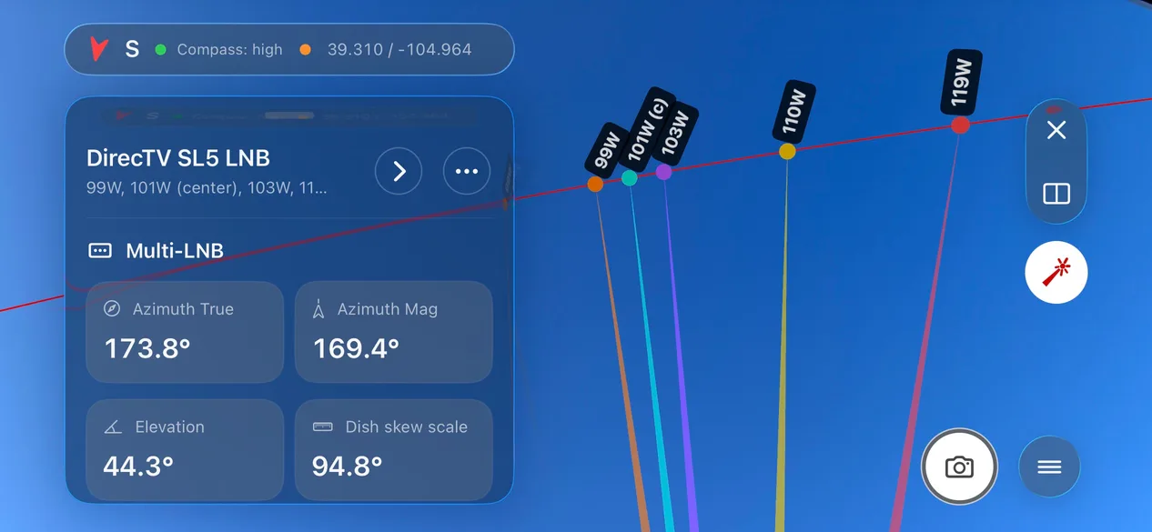 DishPointer Pro 2'den DirecTV SL5 LNB Multi-LNB hizalamasını gösteren ekran görüntüsü
