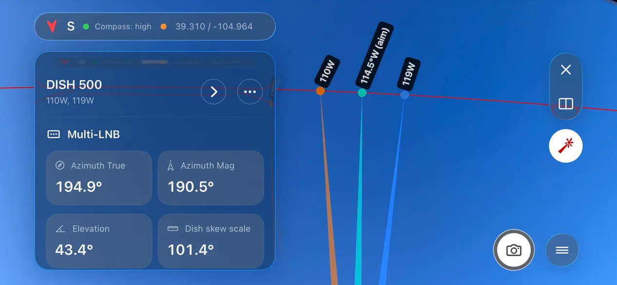 Screenshot van DishPointer Pro 2 met de Multi-LNB-uitlijning voor DISH 500