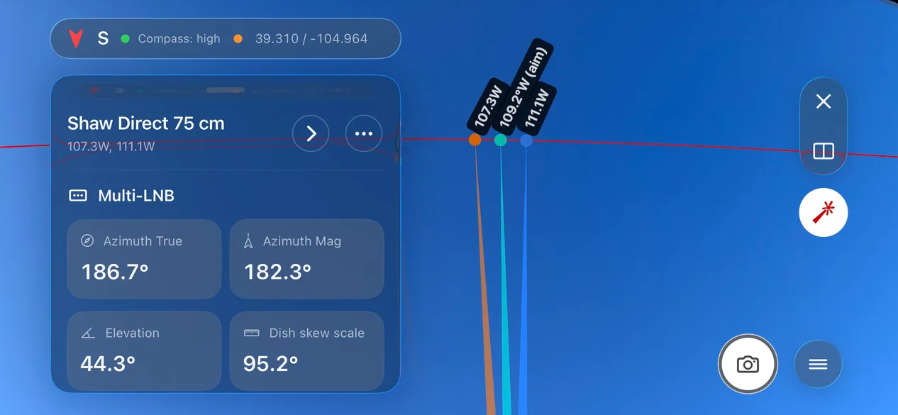 Screenshot aus DishPointer Pro 2 mit der Multi-LNB-Ausrichtung für Shaw Direct 75 cm